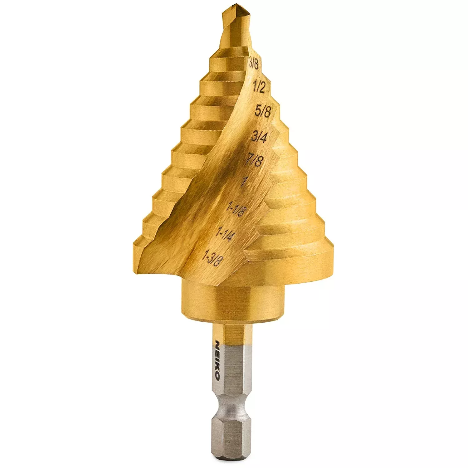 Quick-Change Spiral Step Drill Bit — 10 Sizes, 1/4"–1-3/8", HSS Titanium